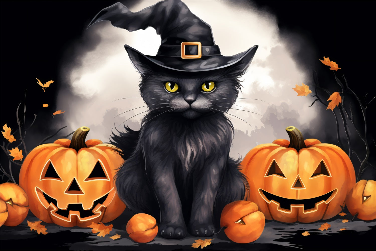 Enchanted Cat and Smiling Pumpkins Halloween Backdrop BRP8-172