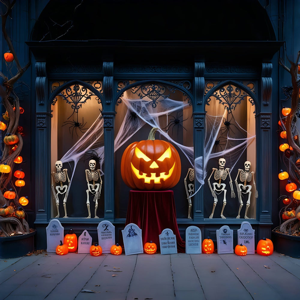 Halloween Window with Pumpkin and Skeletons Backdrop BRP8-194