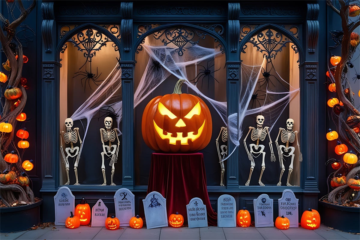 Halloween Window with Pumpkin and Skeletons Backdrop BRP8-194