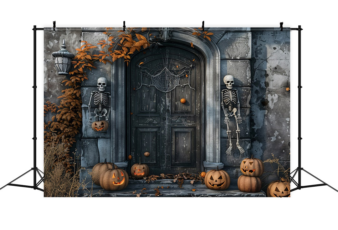 Skeleton Sentinels and Pumpkin Halloween Door Backdrop BRP8-196