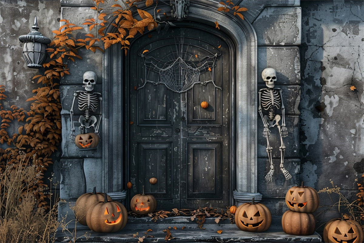 Skeleton Sentinels and Pumpkin Halloween Door Backdrop BRP8-196