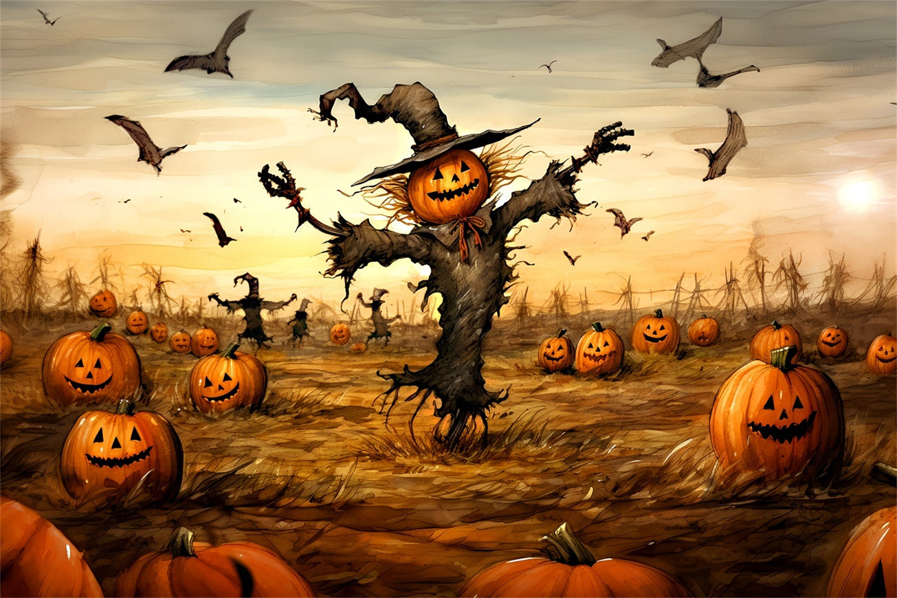 Halloween Spooky Scarecrow in Pumpkin Field Backdrop UK BRP8-202