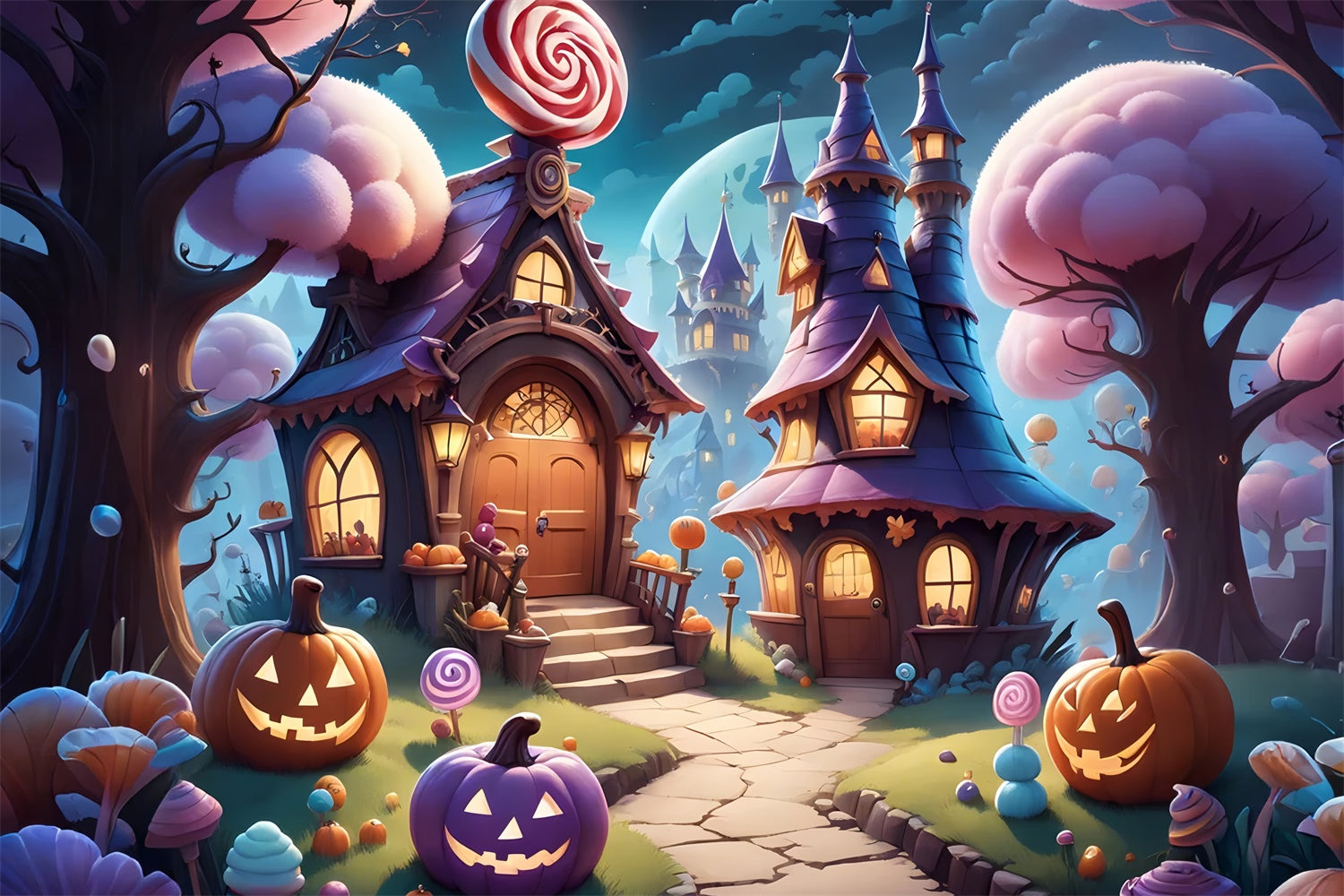 Halloween Candy Cottage Fantasy Night Backdrop UK BRP8-207