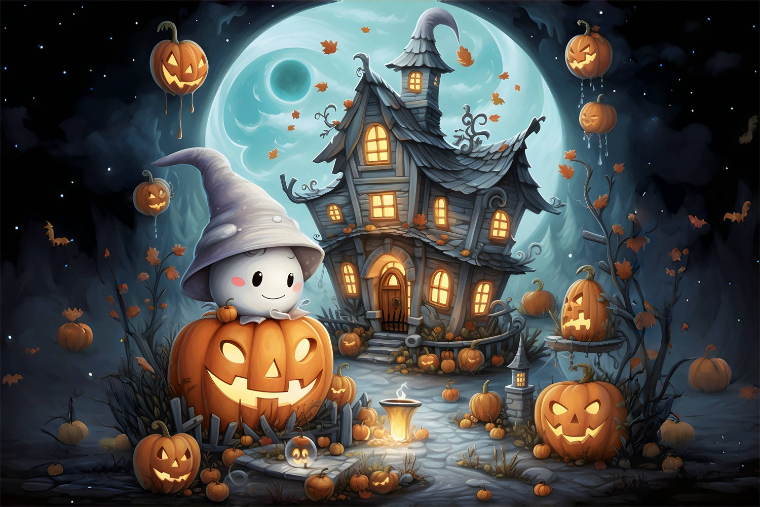 Sweet Ghost and Cottage Cute Halloween Backdrop UK BRP8-209