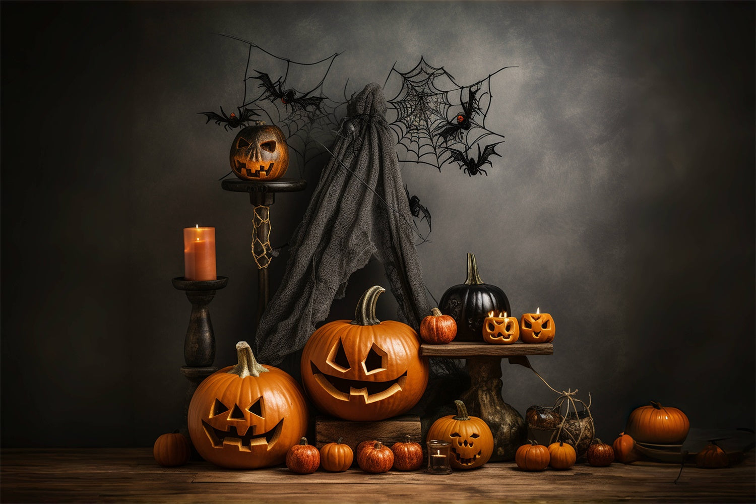 Halloween Dark Pumpkins and Spider Webs Backdrop UK BRP8-212