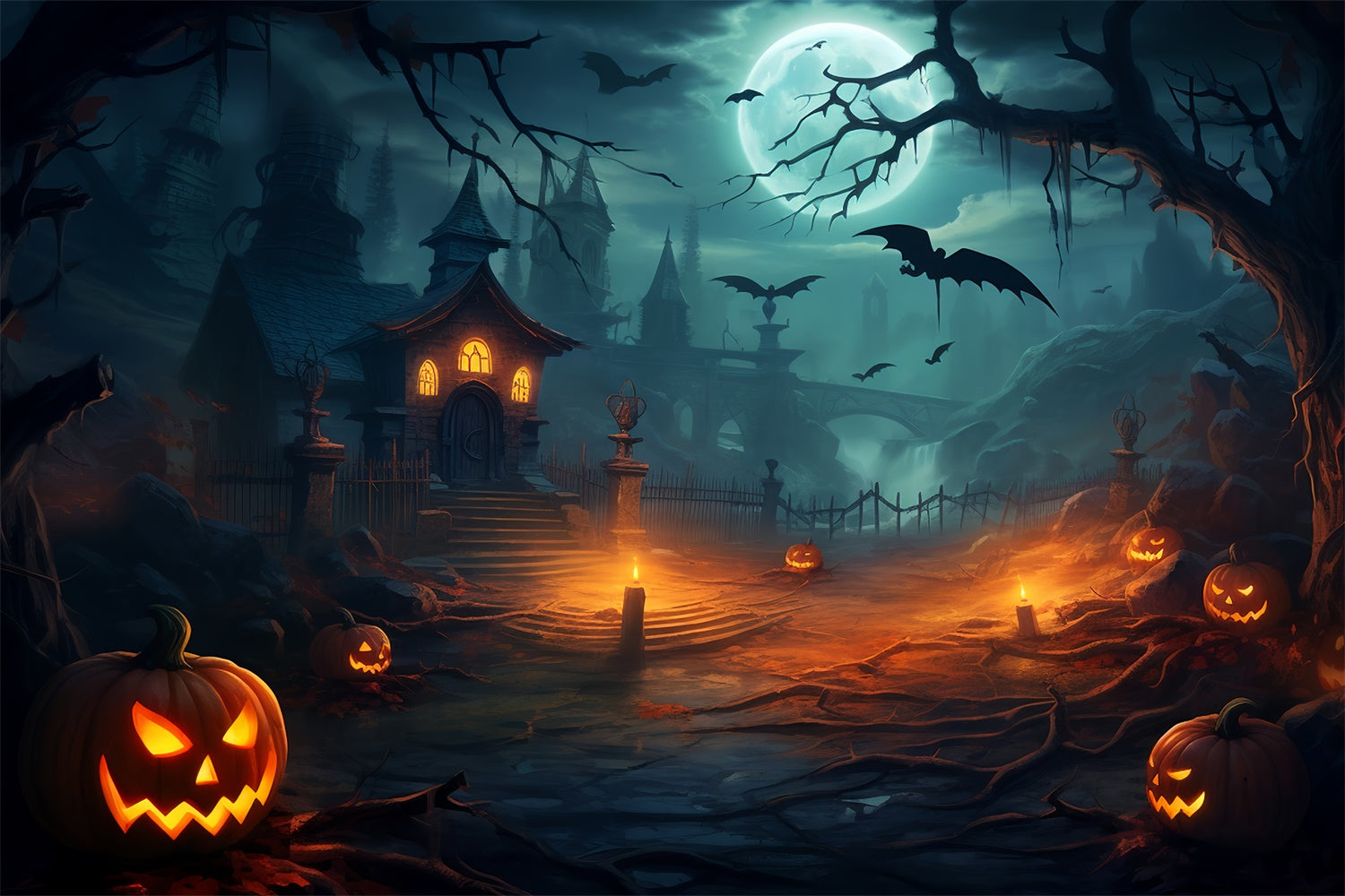 Halloween Sinister Bats and Manor Scene Backdrop UK BRP8-213