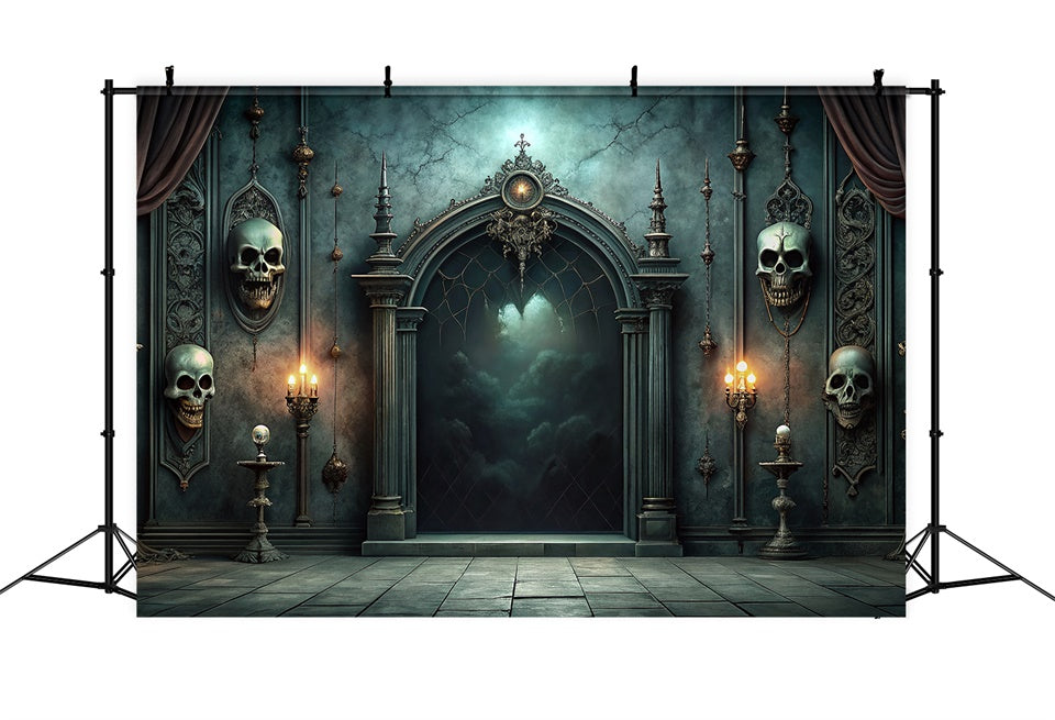 Halloween Creepy Skull Hall and Candlelit Backdrop UK BRP8-215