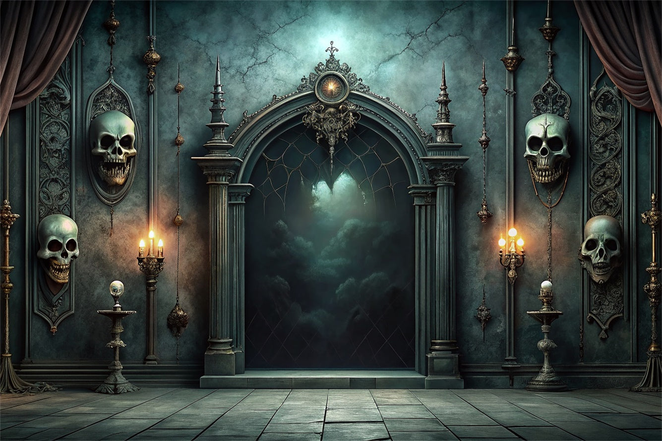 Halloween Creepy Skull Hall and Candlelit Backdrop UK BRP8-215