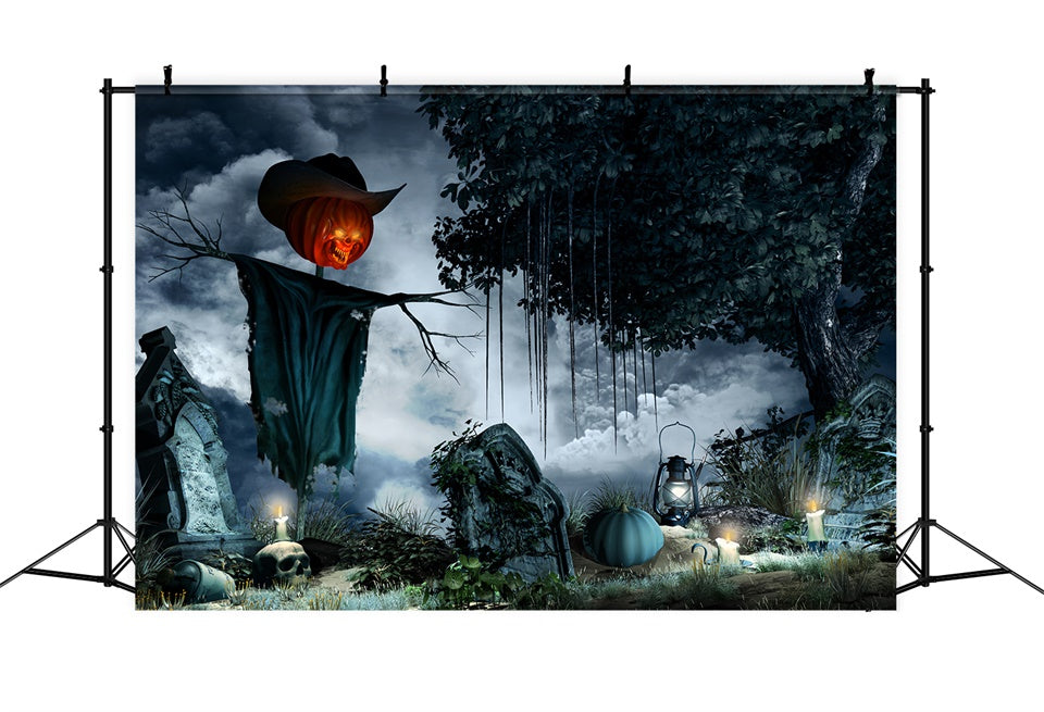 Pumpkin Head Scarecrow in Graveyard Halloween Backdrop UK BRP8-217