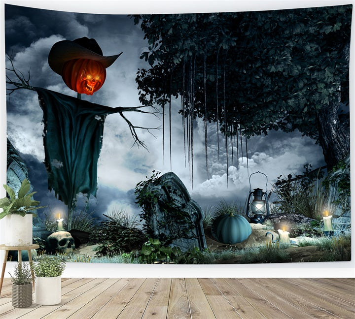 Pumpkin Head Scarecrow in Graveyard Halloween Backdrop UK BRP8-217