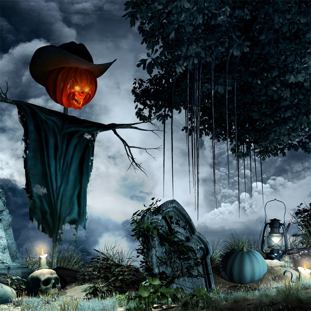 Pumpkin Head Scarecrow in Graveyard Halloween Backdrop UK BRP8-217