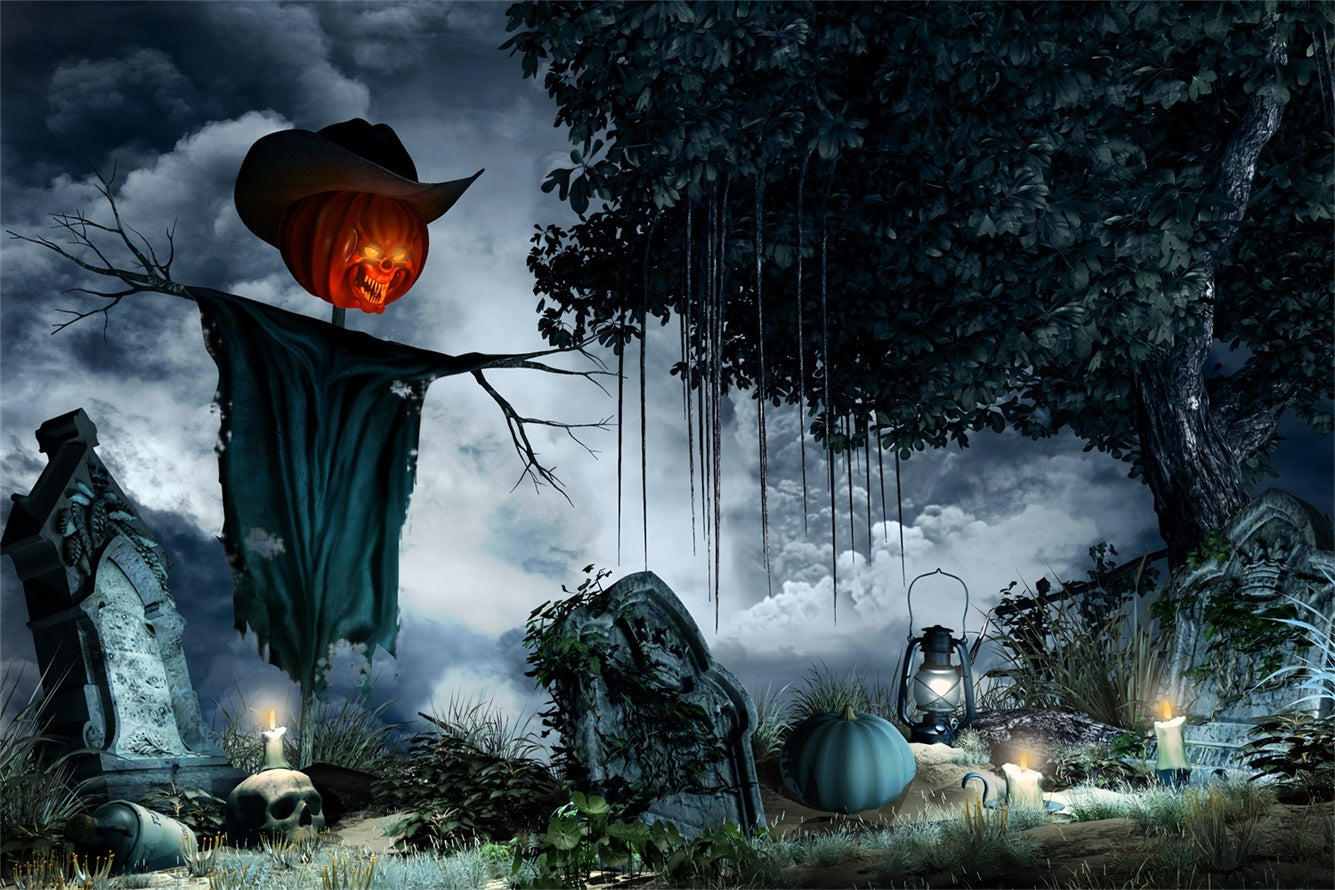 Pumpkin Head Scarecrow in Graveyard Halloween Backdrop UK BRP8-217