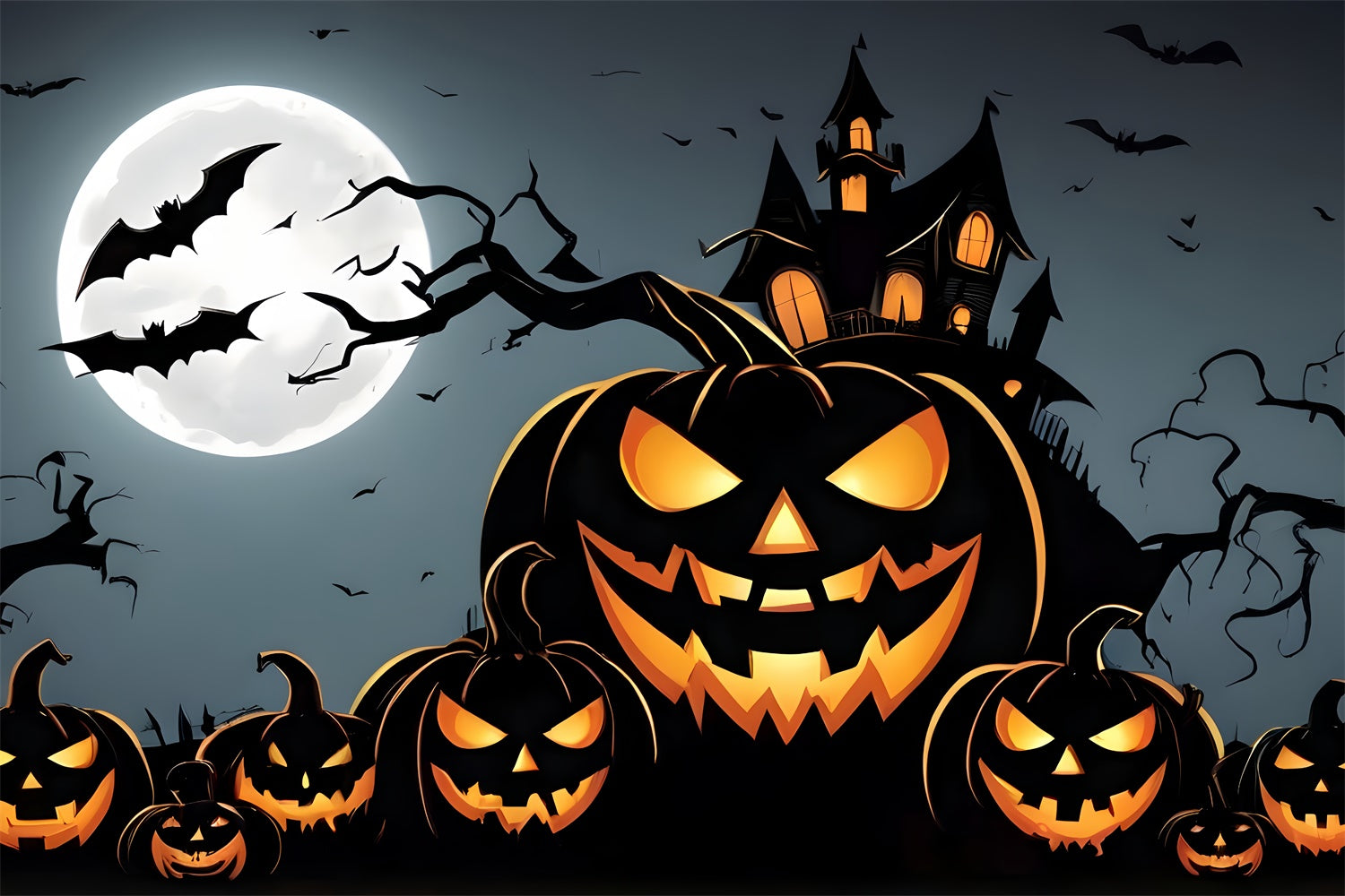 Halloween Grinning Pumpkins and Haunted House Backdrop UK BRP8-219