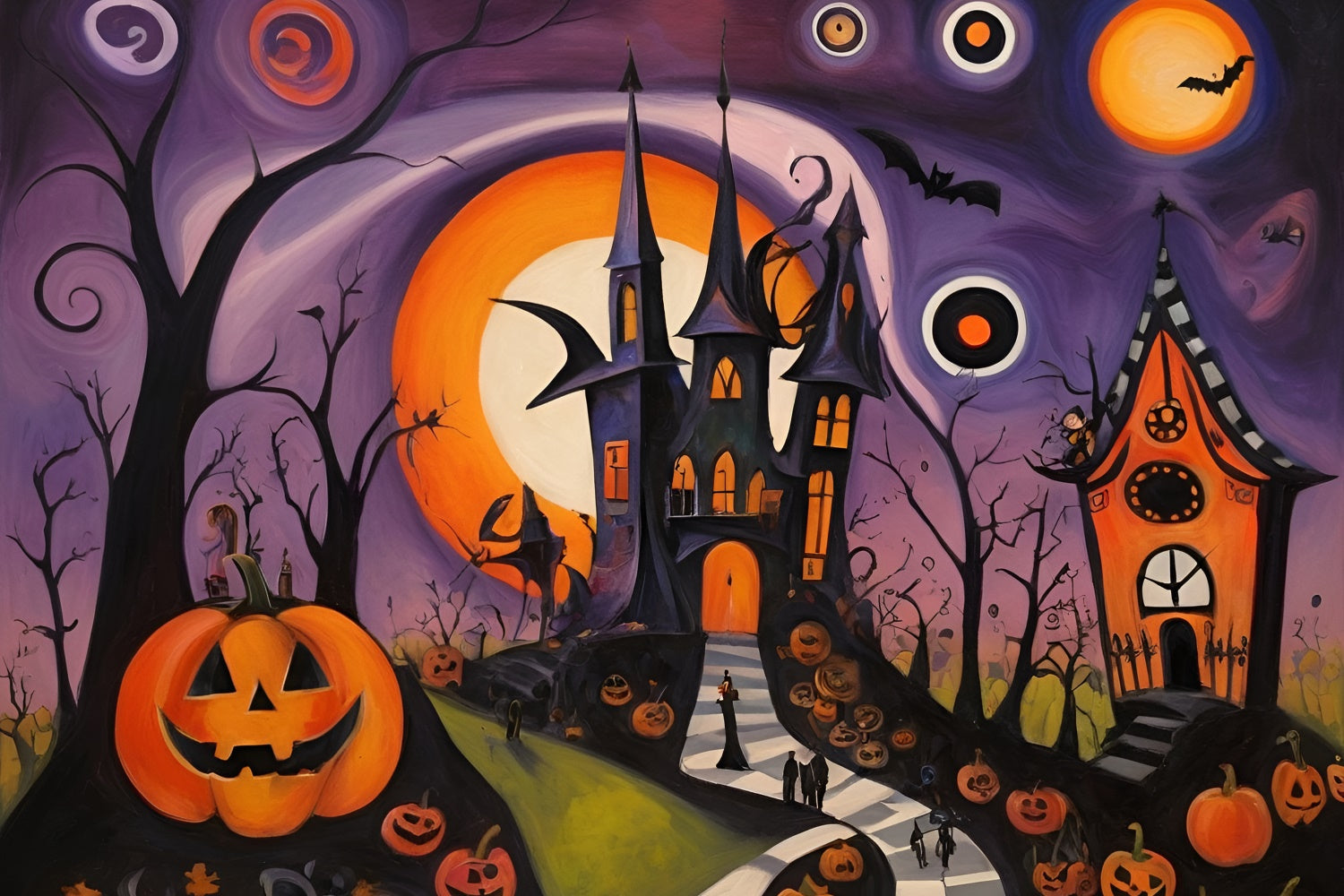 Abstract Halloween Castle and Pumpkin-Laden Path Backdrop UK BRP8-223