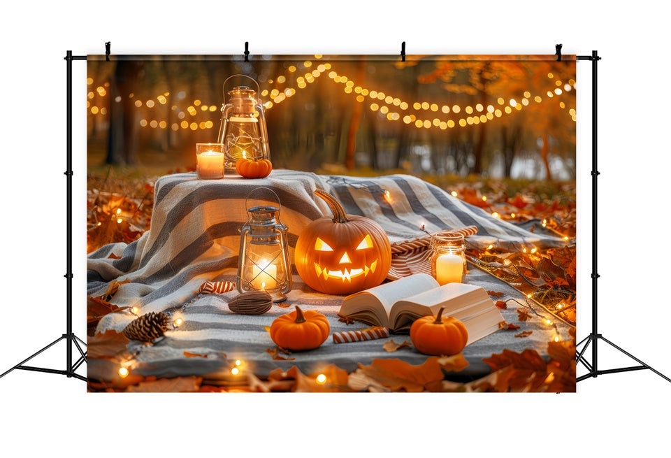 Cozy Halloween Evening Pumpkin Lantern Picnic Backdrop UK BRP8-224