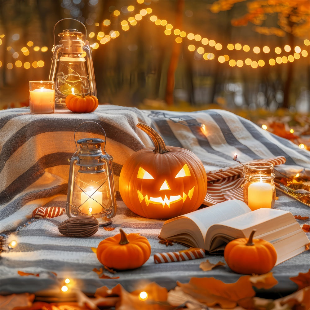 Cozy Halloween Evening Pumpkin Lantern Picnic Backdrop UK BRP8-224