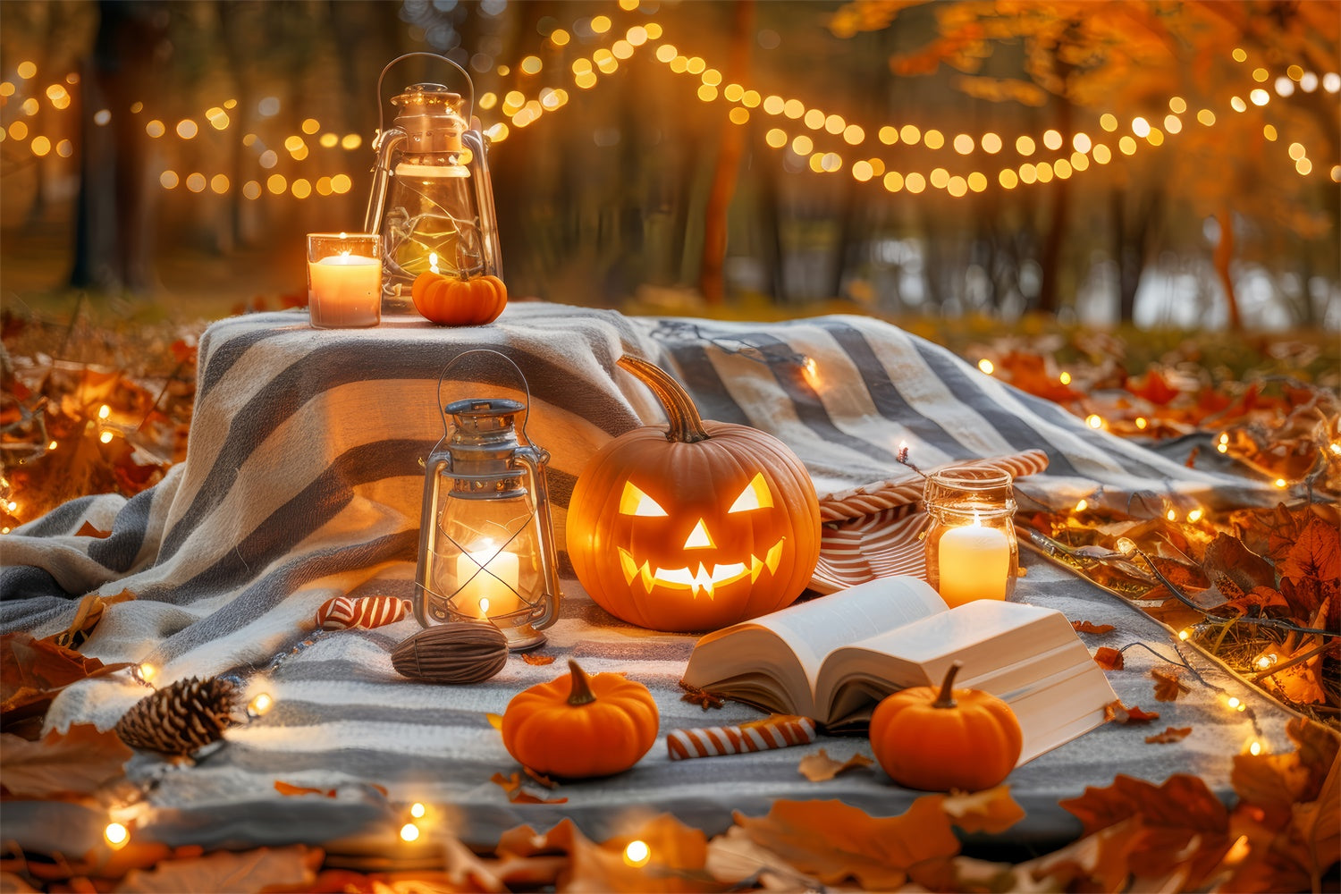 Cozy Halloween Evening Pumpkin Lantern Picnic Backdrop UK BRP8-224