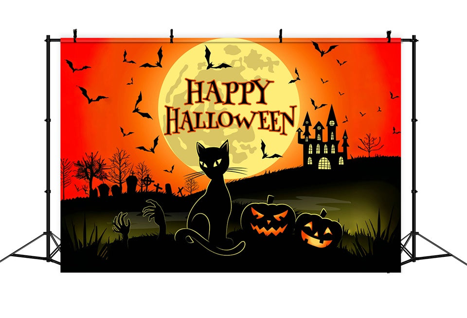 Scary Cat and Castle Happy Halloween Backdrop UK BRP8-228