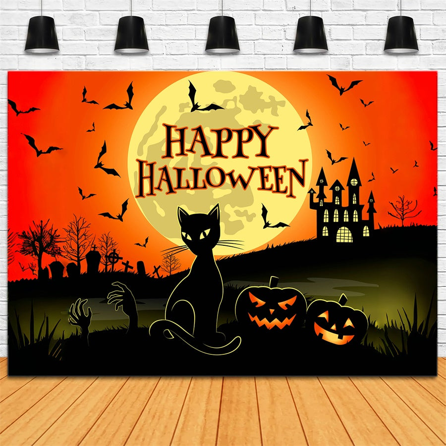 Scary Cat and Castle Happy Halloween Backdrop UK BRP8-228