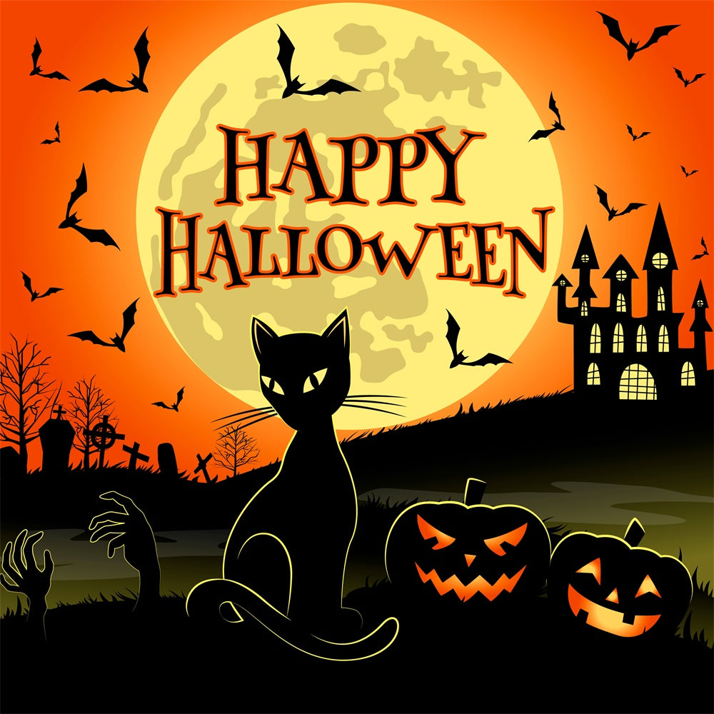 Scary Cat and Castle Happy Halloween Backdrop UK BRP8-228