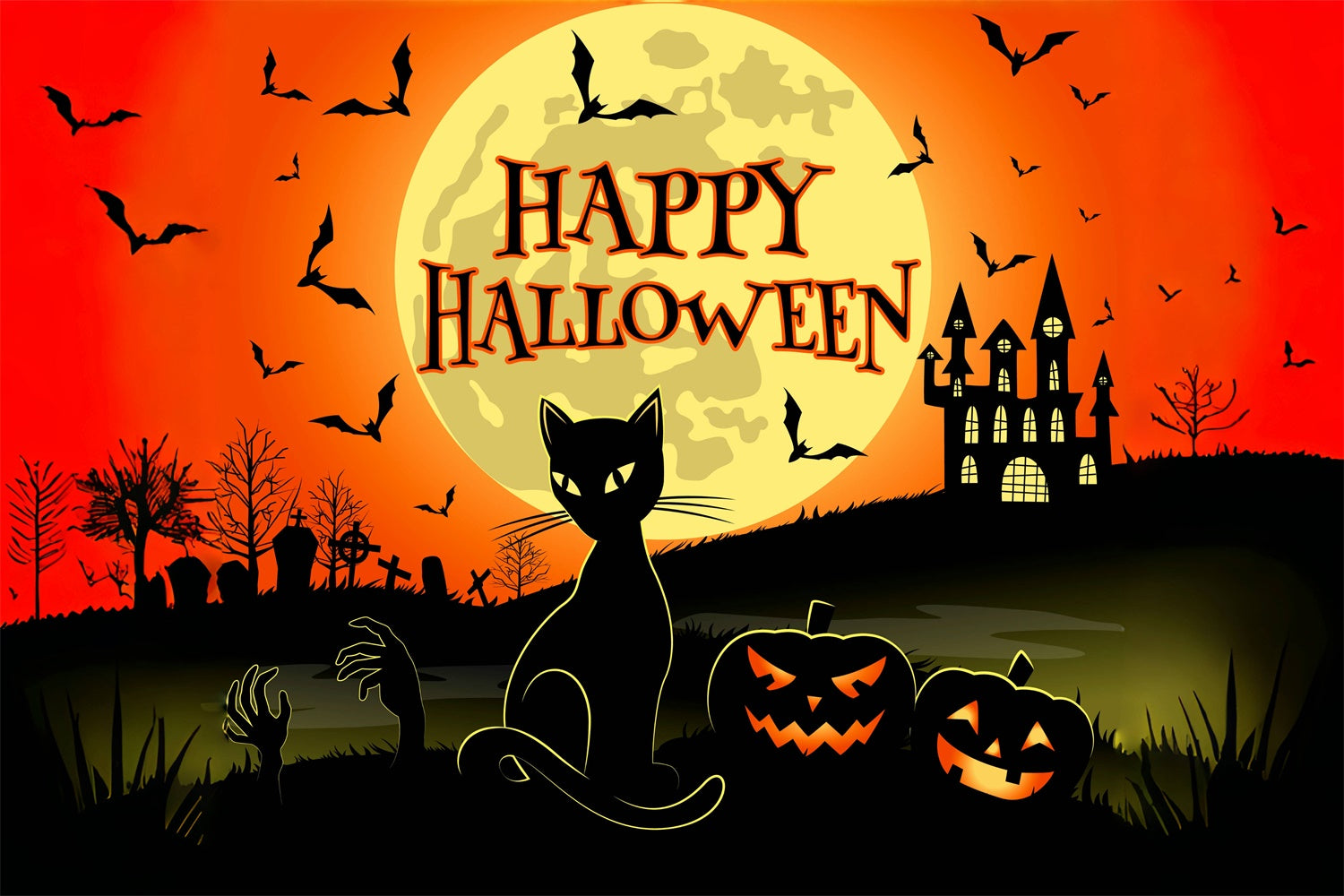 Scary Cat and Castle Happy Halloween Backdrop UK BRP8-228