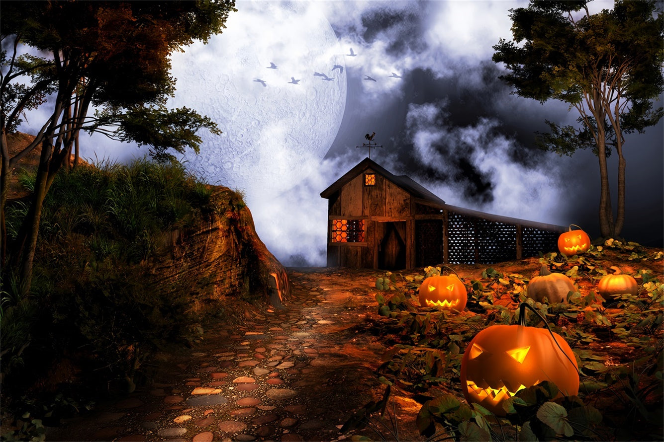 Halloween Spooky Farmhouse under Full Moon Backdrop UK BRP8-235