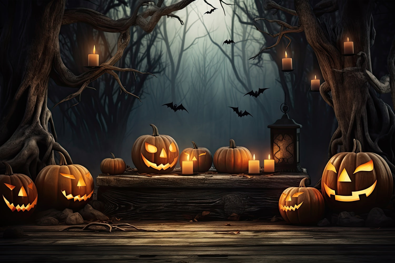 Halloween Haunted Forest with Glowing Pumpkins Backdrop UK BRP8-236