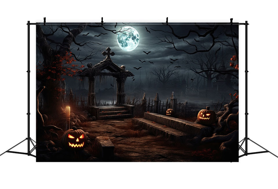 Halloween Creepy Graveyard with Glowing Pumpkins Backdrop UK BRP8-237