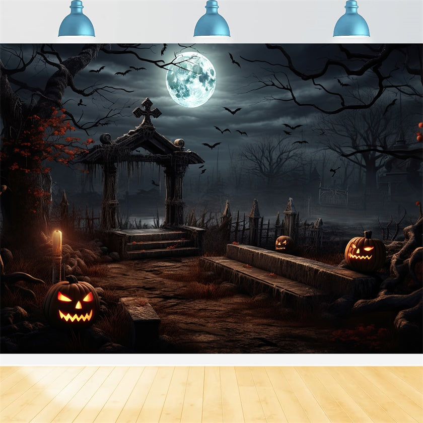 Halloween Creepy Graveyard with Glowing Pumpkins Backdrop UK BRP8-237