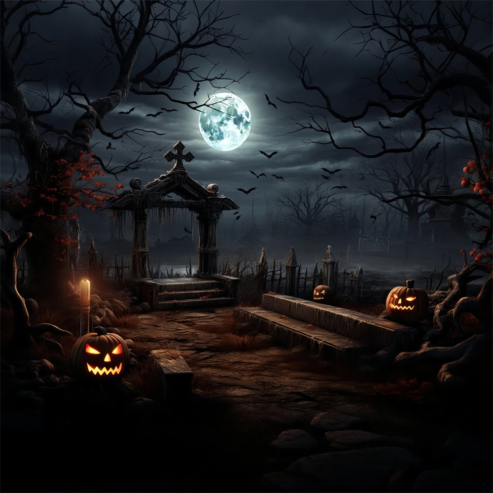 Halloween Creepy Graveyard with Glowing Pumpkins Backdrop UK BRP8-237