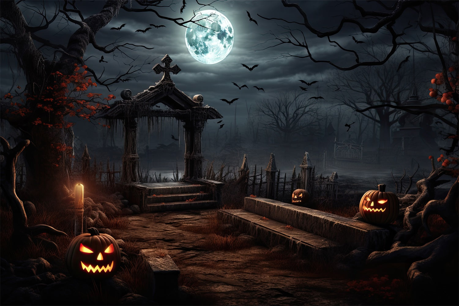 Halloween Creepy Graveyard with Glowing Pumpkins Backdrop UK BRP8-237