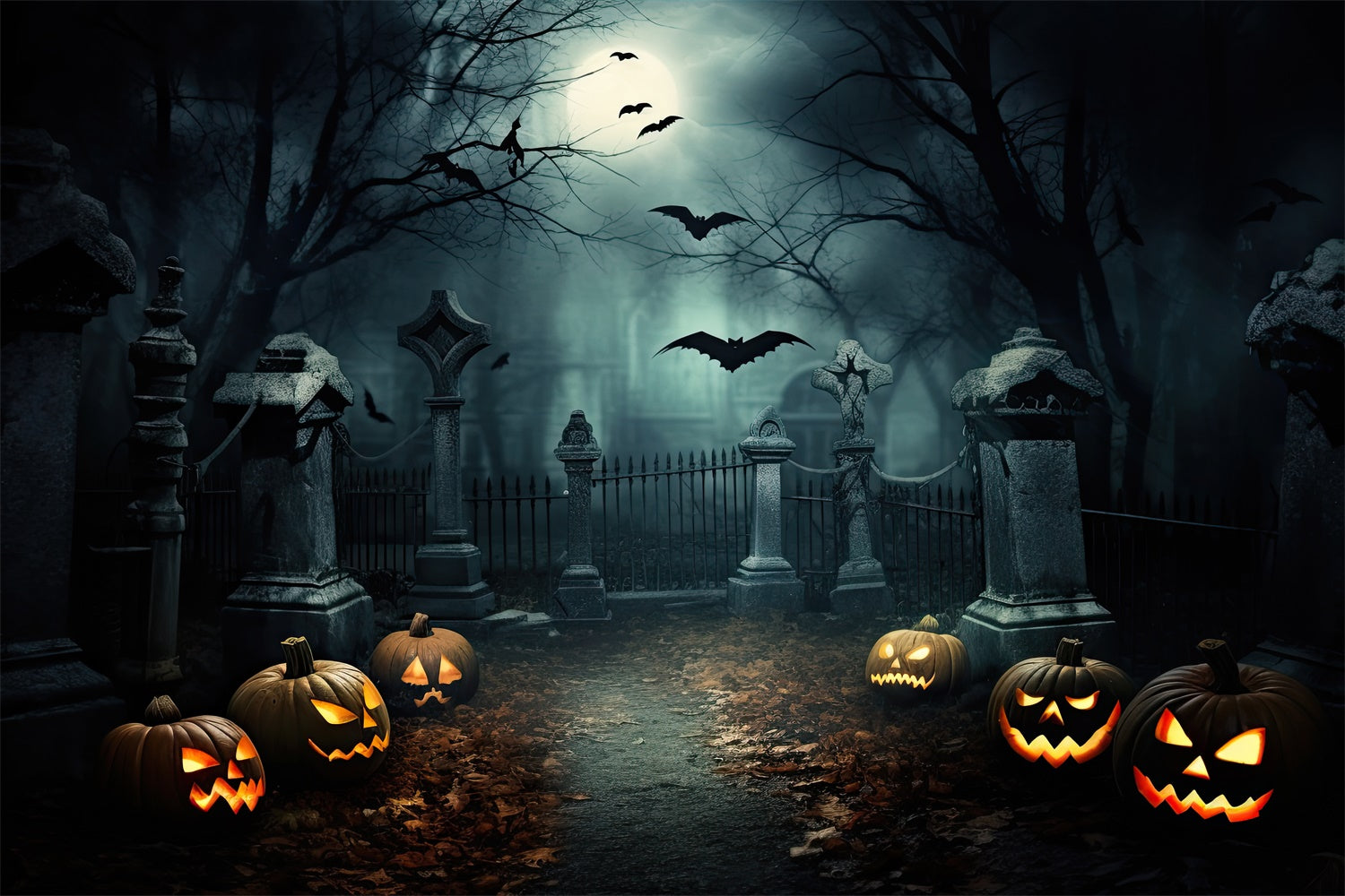 Halloween Cemetery Path with Evil Pumpkins Backdrop UK BRP8-239