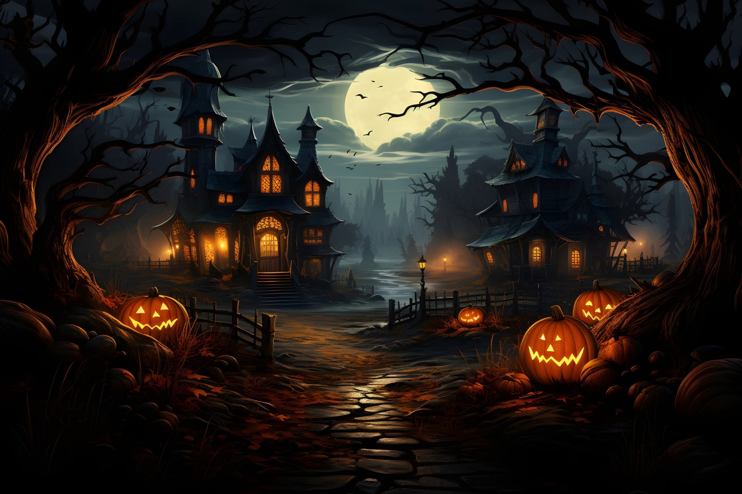 Spooky Pathway to Haunted House Halloween Backdrop UK BRP8-243