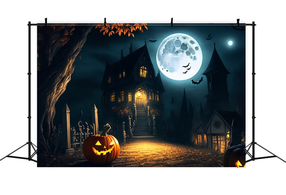 Eerie Mansion Under Full Moon Halloween Backdrop UK BRP8-250