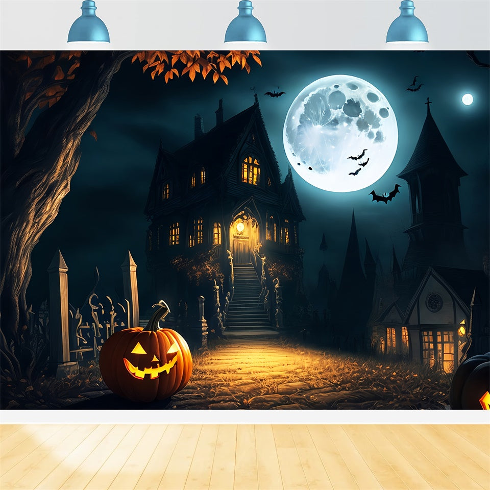 Eerie Mansion Under Full Moon Halloween Backdrop UK BRP8-250