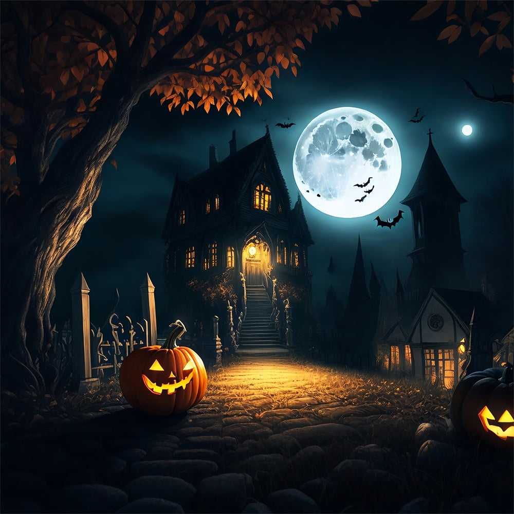 Eerie Mansion Under Full Moon Halloween Backdrop UK BRP8-250