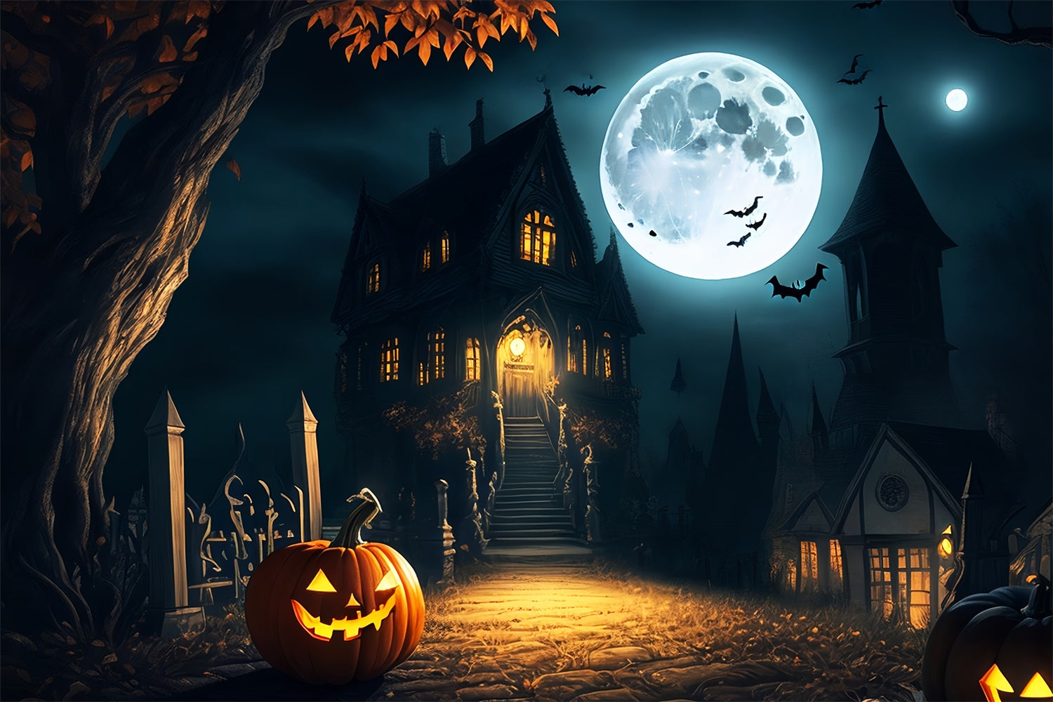 Eerie Mansion Under Full Moon Halloween Backdrop UK BRP8-250