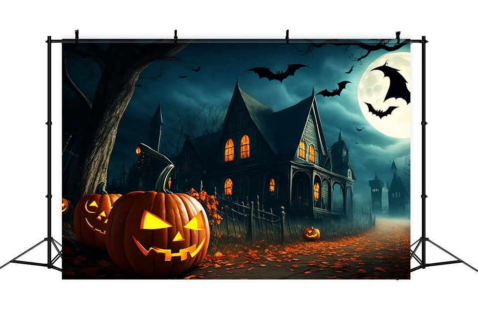 Pumpkin-Lined Path to Gloomy village Halloween Backdrop UK BRP8-251