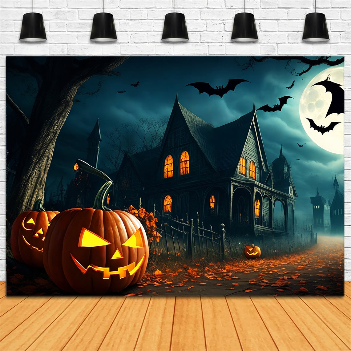 Pumpkin-Lined Path to Gloomy village Halloween Backdrop UK BRP8-251