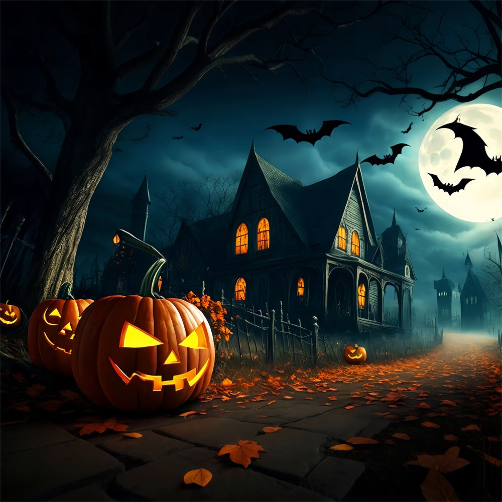 Pumpkin-Lined Path to Gloomy village Halloween Backdrop UK BRP8-251