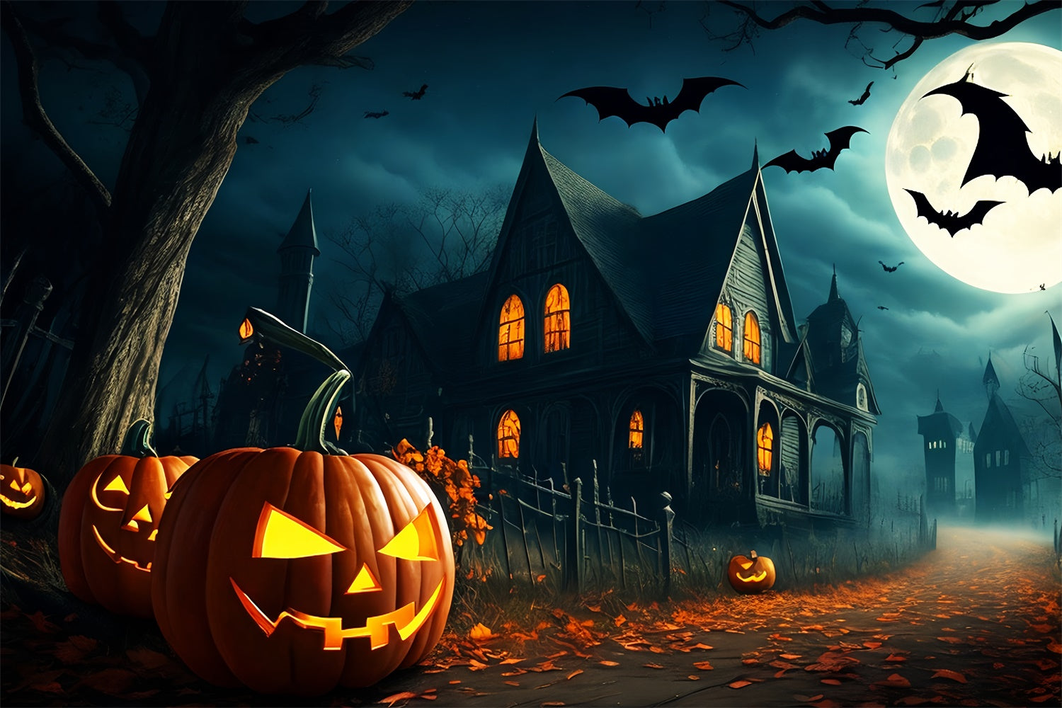 Pumpkin-Lined Path to Gloomy village Halloween Backdrop UK BRP8-251