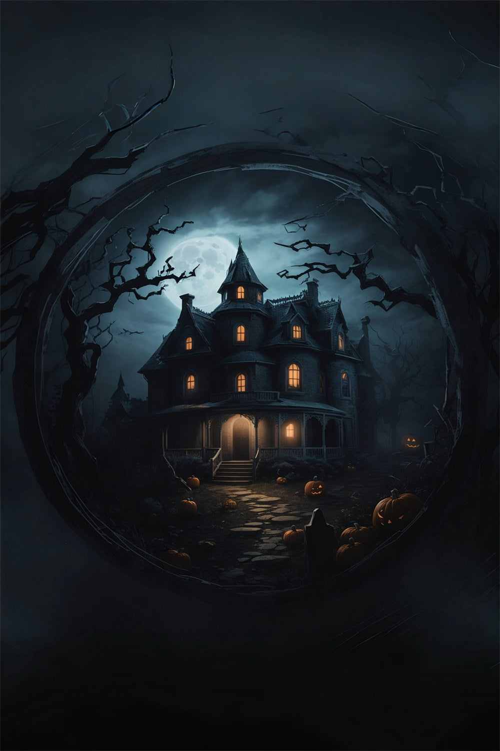 Spooky House Surrounded by Trees Halloween Backdrop UK BRP8-252