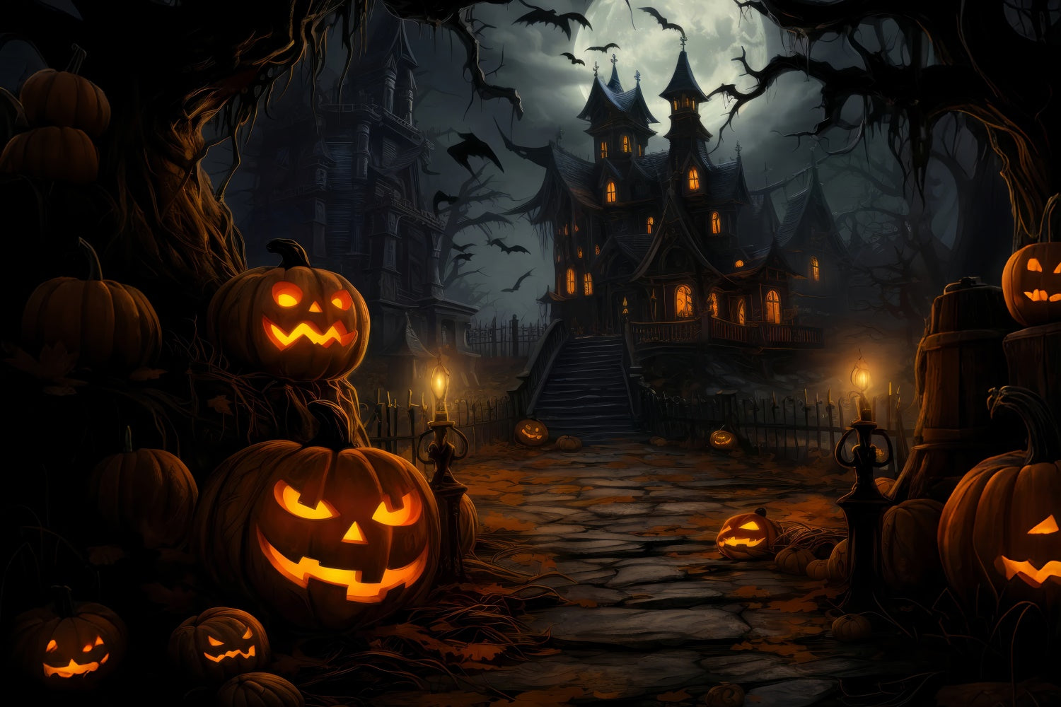 Halloween Night Spooky House and Bats Backdrop UK BRP8-253