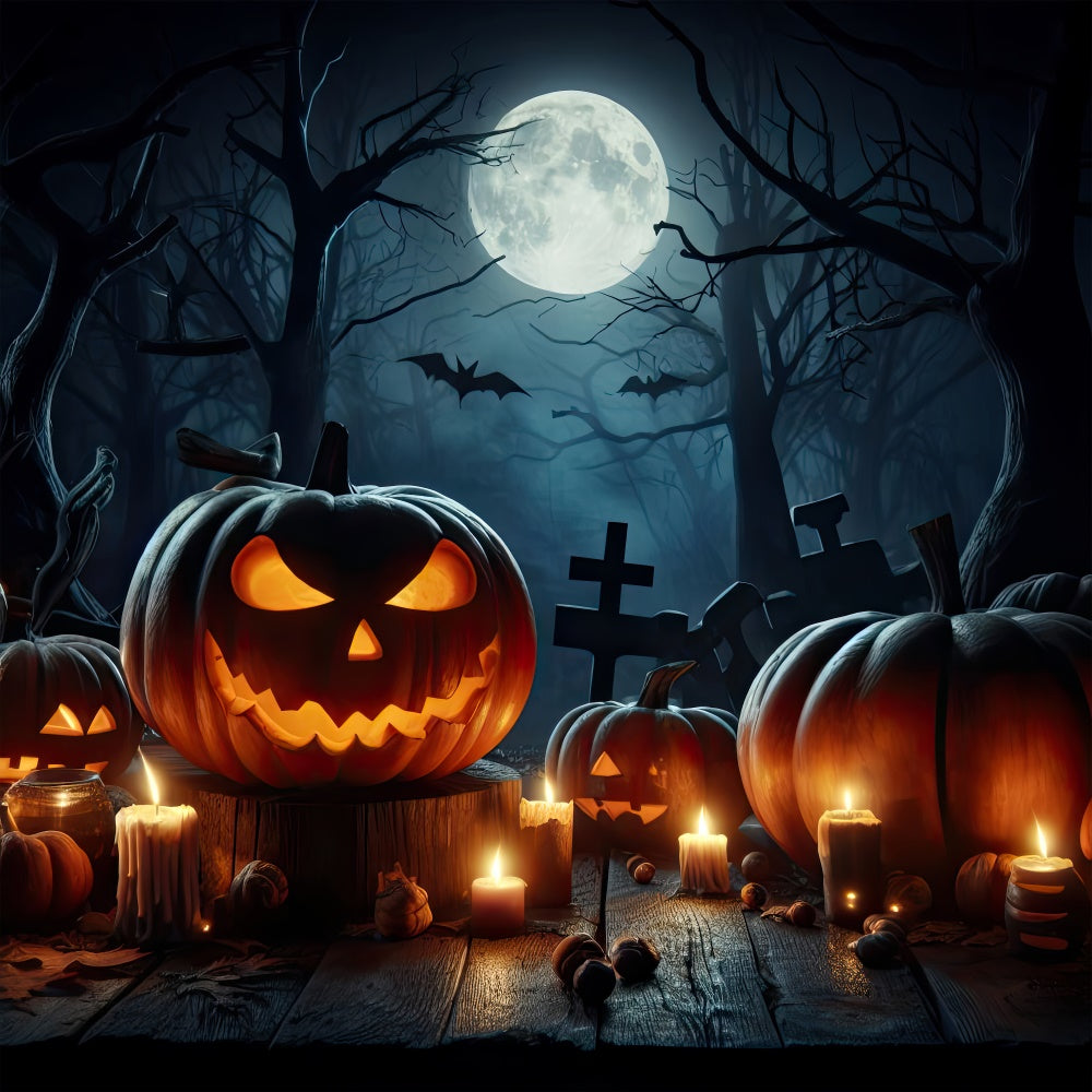 Candlelit Pumpkins in Spooky Forest Halloween Backdrop UK BRP8-254