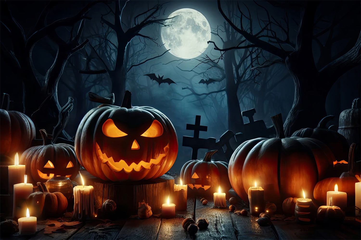 Candlelit Pumpkins in Spooky Forest Halloween Backdrop UK BRP8-254