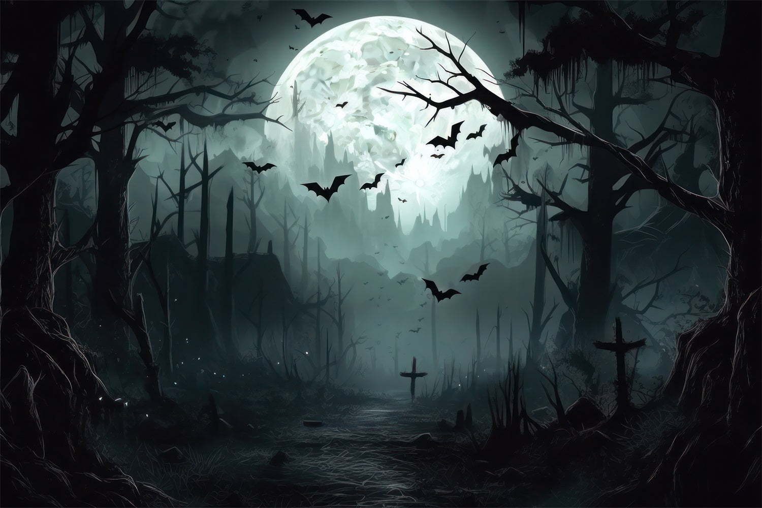 Creepy Halloween Forest Under Full Moon Backdrop UK BRP8-258