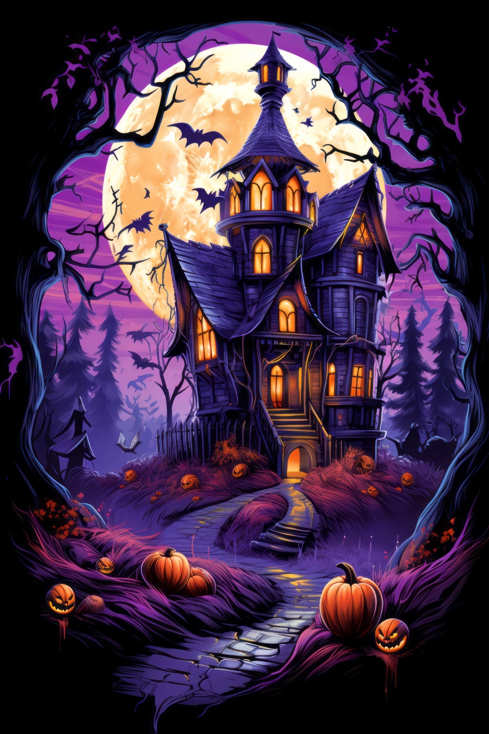 Purple Moonlit Halloween Haunted Backdrop UK BRP8-259