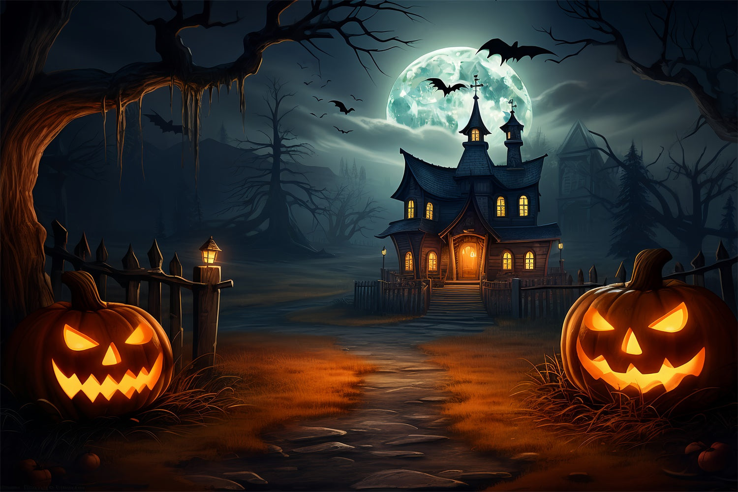 Spooky Dark Night Halloween Village Backdrop UK BRP8-263