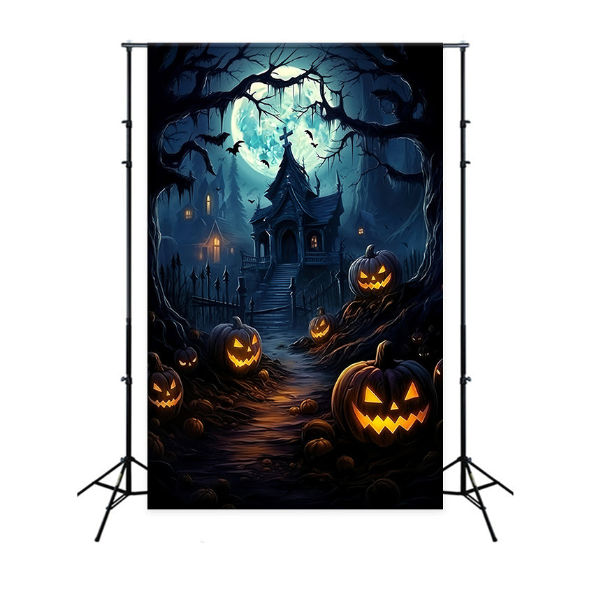 Scary Halloween Mansion and Pumpkin Lanterns Backdrop UK BRP8-266