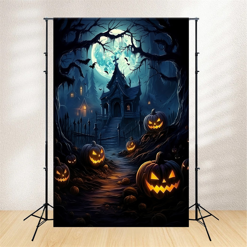 Scary Halloween Mansion and Pumpkin Lanterns Backdrop UK BRP8-266